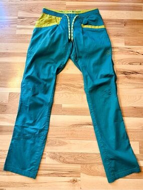 La Sportiva Temple Climbing Pants Women's M Teal Lagoon Green Banana Gorpcore